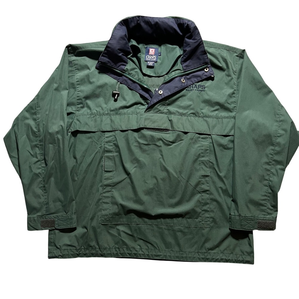 Chaps Ralph Lauren Anorak Jacket Mens Large Green Half Zip Packable Hood Vintage